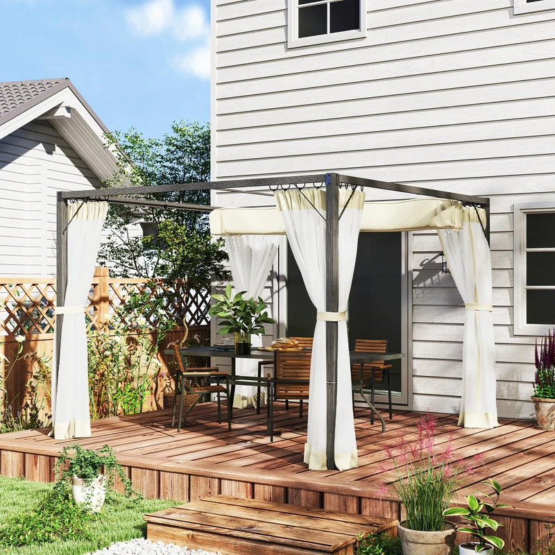 Outsunny 3 x 3 m Pergola with Retractable Roof Canopy and Netting Sidewalls, Aluminium Frame Garden Gazebo Outdoor Sun Shade Shelter for Grill, Patio, Deck, Khaki