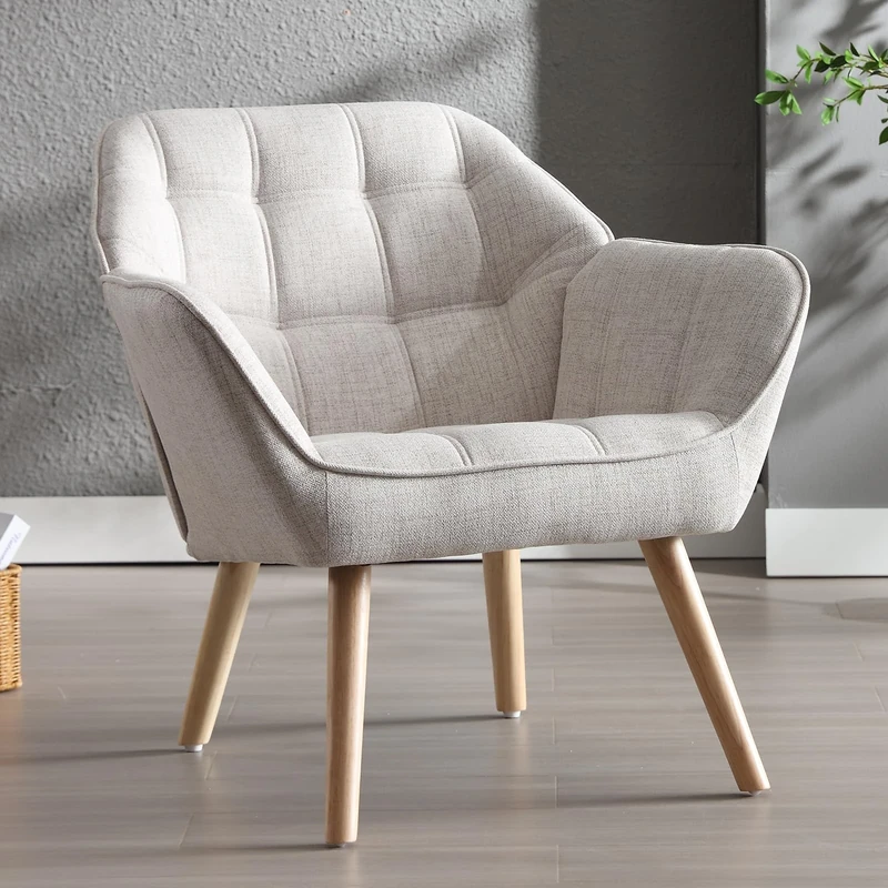 Ya-Home Linen Armchair Upholstered Accent Tub Chair with Wood Legs, Leisure Single Sofa Chair for Living Room/Bedroom, Beige