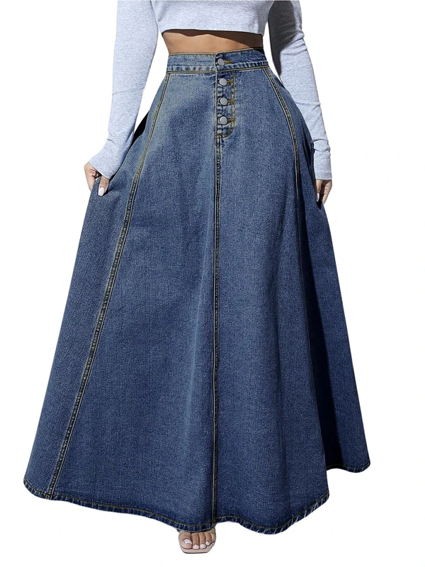 ebossy Women's Retro High Waisted Button Fly Flared Long Jean Skirts Pleated Flowy Swing A-line Denim Maxi Skirts, Dark Blue, XL