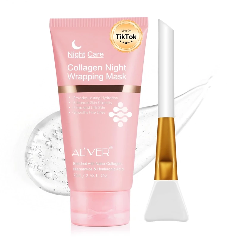 Collagen Night Wrapping Mask, Collagen Face Mask Overnight Peel-Off, Reduces Sagging, Plumper Skin, Deep Moisture & Skin Rejuvenation, 75ml / 2.53 fl. Oz (Brush Included)