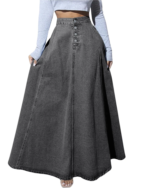 ebossy Women's Retro High Waisted Button Fly Flared Long Jean Skirts Pleated Flowy Swing A-line Denim Maxi Skirts, Dark Grey, XL