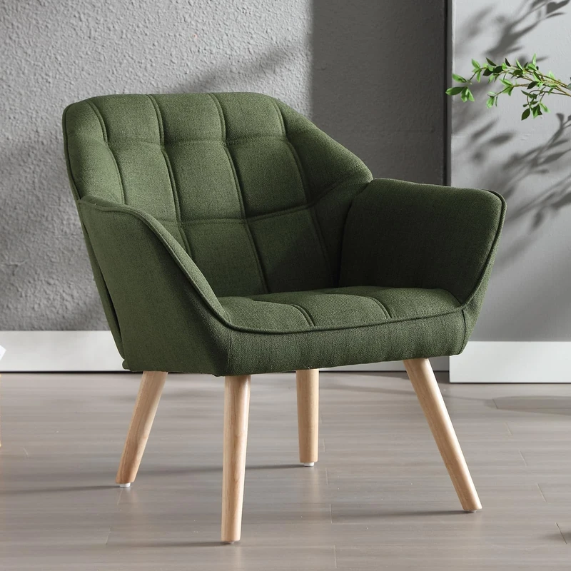 Ya-Home Linen Armchair Upholstered Accent Tub Chair with Wood Legs, Leisure Single Sofa Chair for Living Room/Bedroom, Green