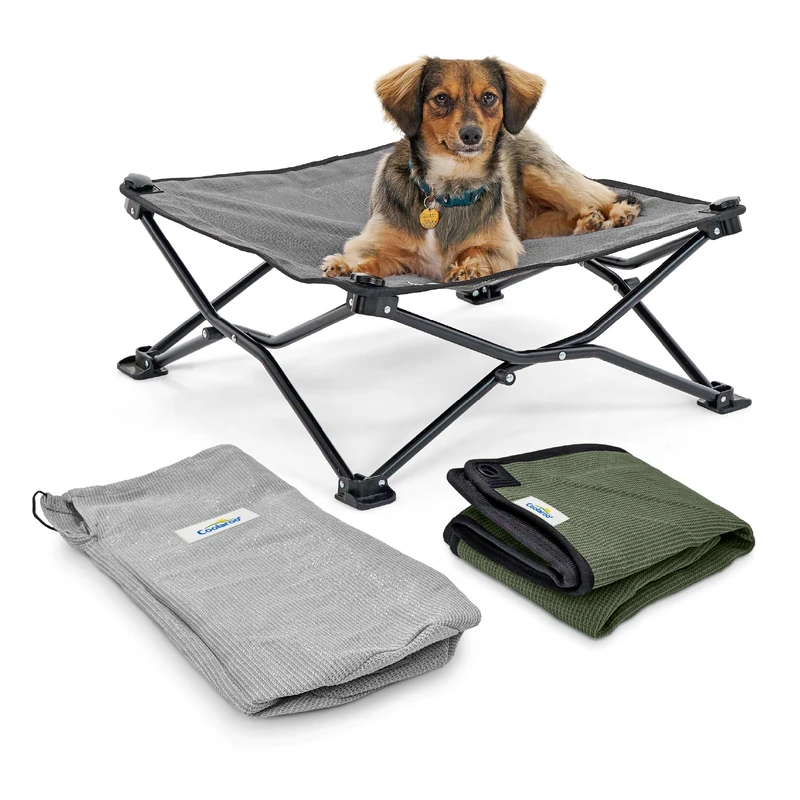 Coolaroo On-The-Go Elevated Dog Bed Kit – Portable & Cooling Travel Cot with HeatShield Fabric for Small Dogs, Lightweight & Compact, Includes Matching Carry Bag & Everglade Green Bonus Cover, Small