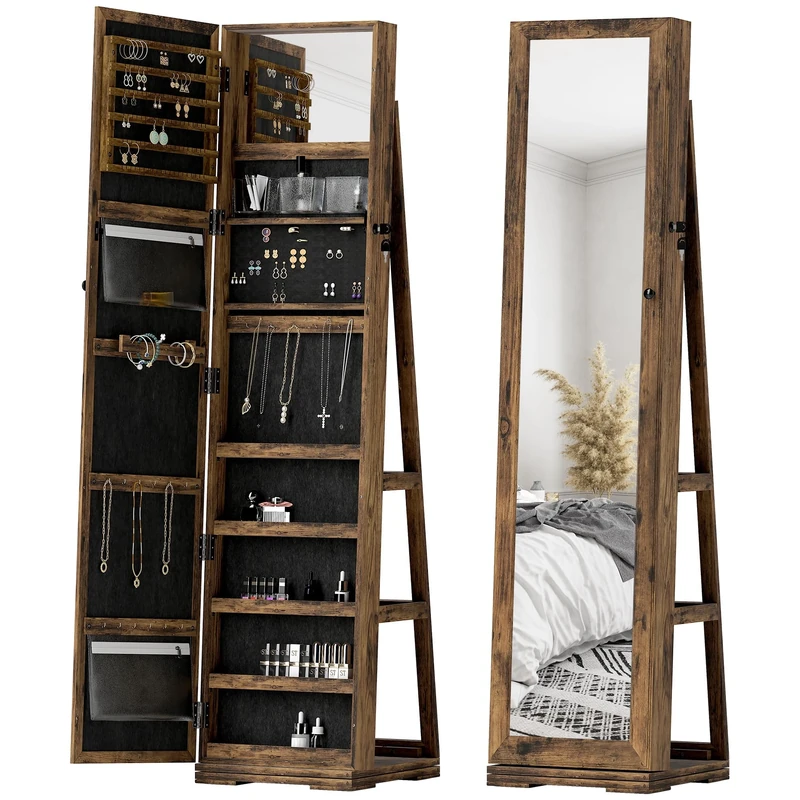 HOMCOM 360° Swivel Jewellery Cabinet, Free Standing Full Length Mirror with Storage, Lockable Jewellery Organiser with Built-in Makeup Mirror and Storage Shelves for Bedroom, Rustic Brown