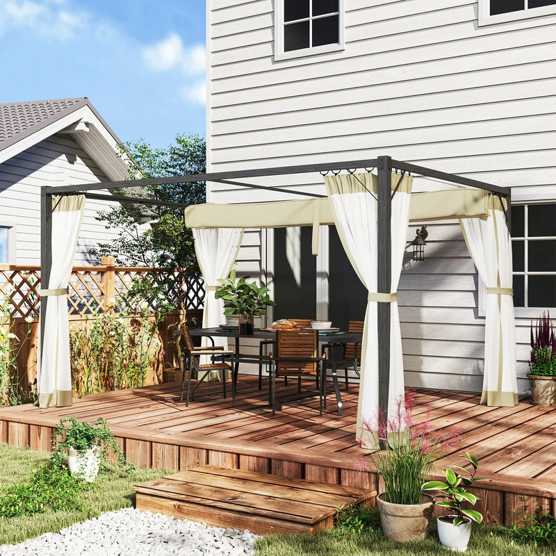 Outsunny 3 x 4 m Pergola with Retractable Roof Canopy and Netting Sidewalls, Aluminium Frame Garden Gazebo Outdoor Sun Shade Shelter for Grill, Patio, Deck, Khaki