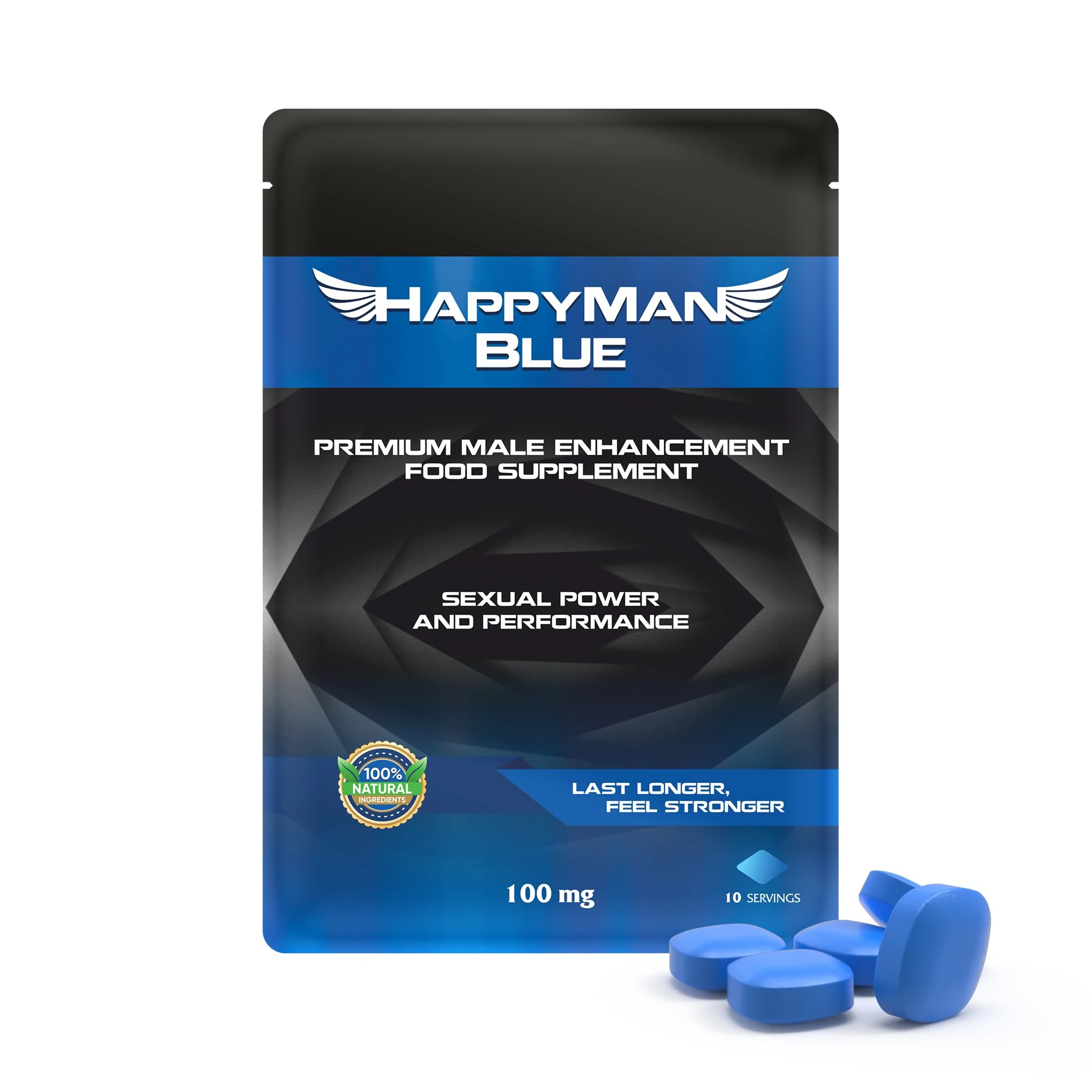 HappyMan Blue 10 Tablets | Natural Herbal Supplement for Men | Prolonged Performance and Enhancement Tablets | Fast Acting and Extra Strong | Stamina and Energy Support | Ginseng