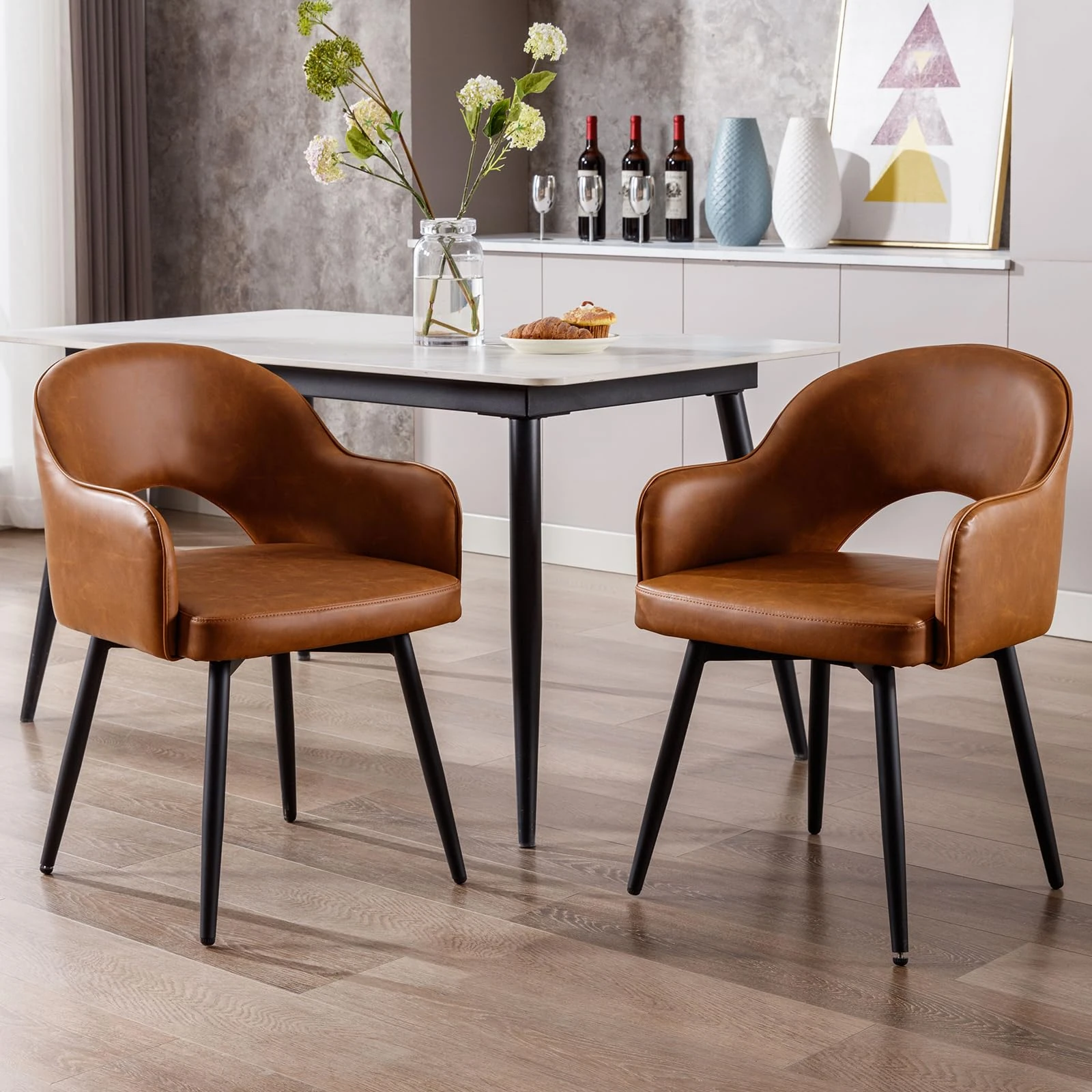Ya-Home Set of 2 Dining Chairs PU Leather Kitchen Swivel Chairs with Armrests for Dining Room/Living Room, Brown