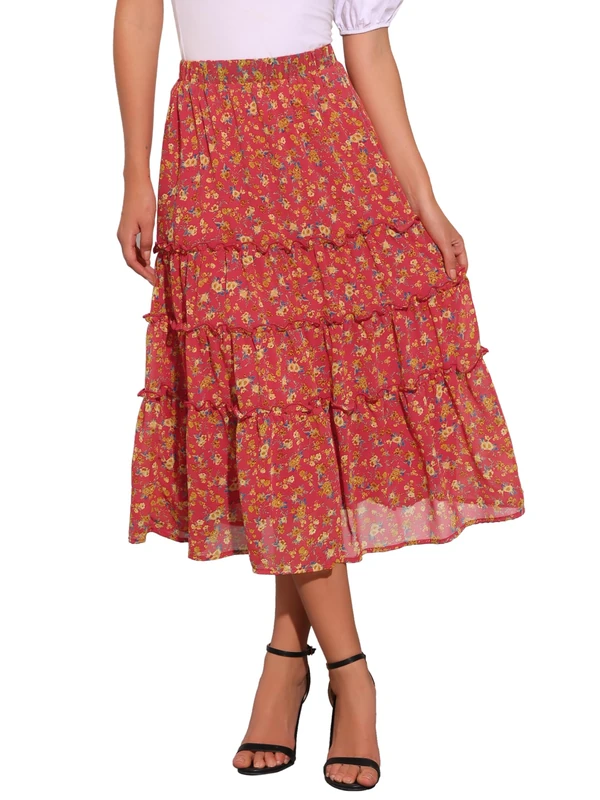 Allegra K Women's Floral Skirt Chiffon A-line Long Tiered Ruffle Boho Summer Midi Skirts, Deep Red, XL - Image 1