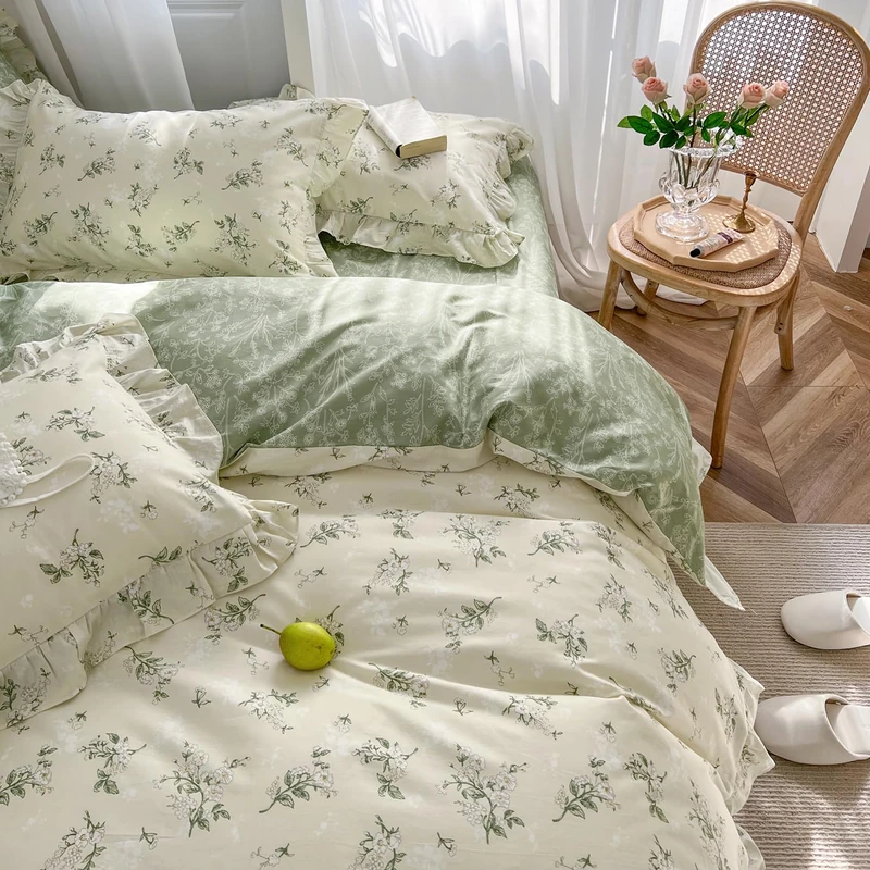MKXI King Size Beige & Green Floral Comforter Set - 3 Piece Ruffled Lace Bedding Set with Reversible Design, Soft Aesthetic Cottagecore Style Green Leaf Comforter for Girls, Women, and Teens