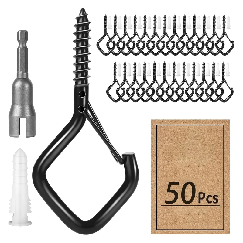 suzmei 50 Pcs Metal Screw-in Hooks with Safety Buckle | Heavy Duty Ceiling & Garden Hooks for Plants, Bird Cages, Fairy Lights, Christmas Decor (Indoor/Outdoor) (Black)
