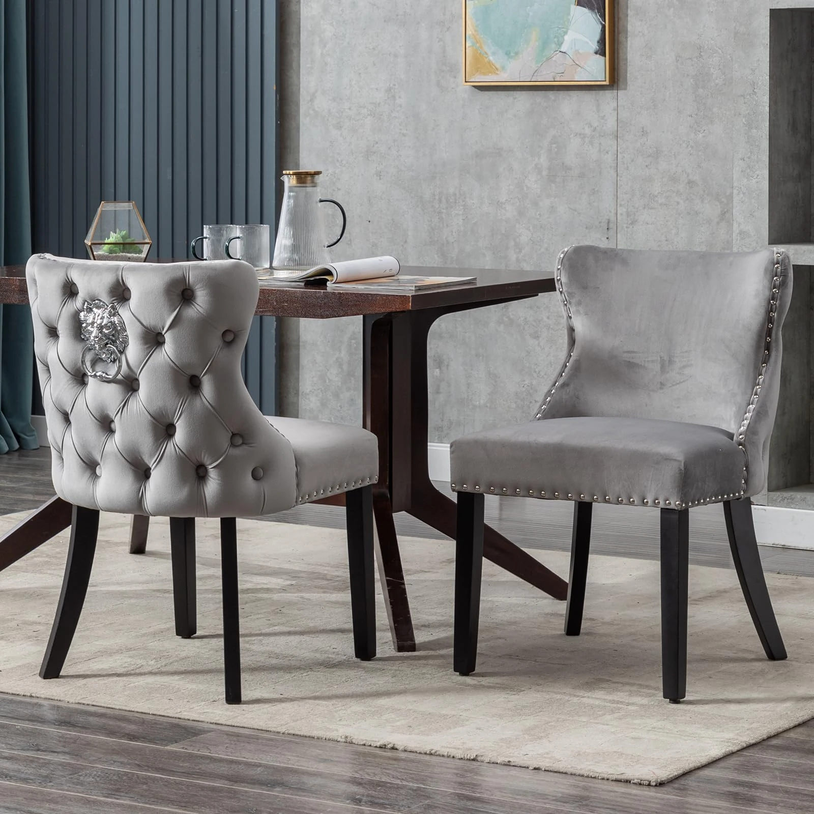 Ya-Home Velvet Dining Chairs Set of 2 Kitchen Side Chairs with Solid Wood Legs for Dining Room/Living Room/Kitchen, Grey