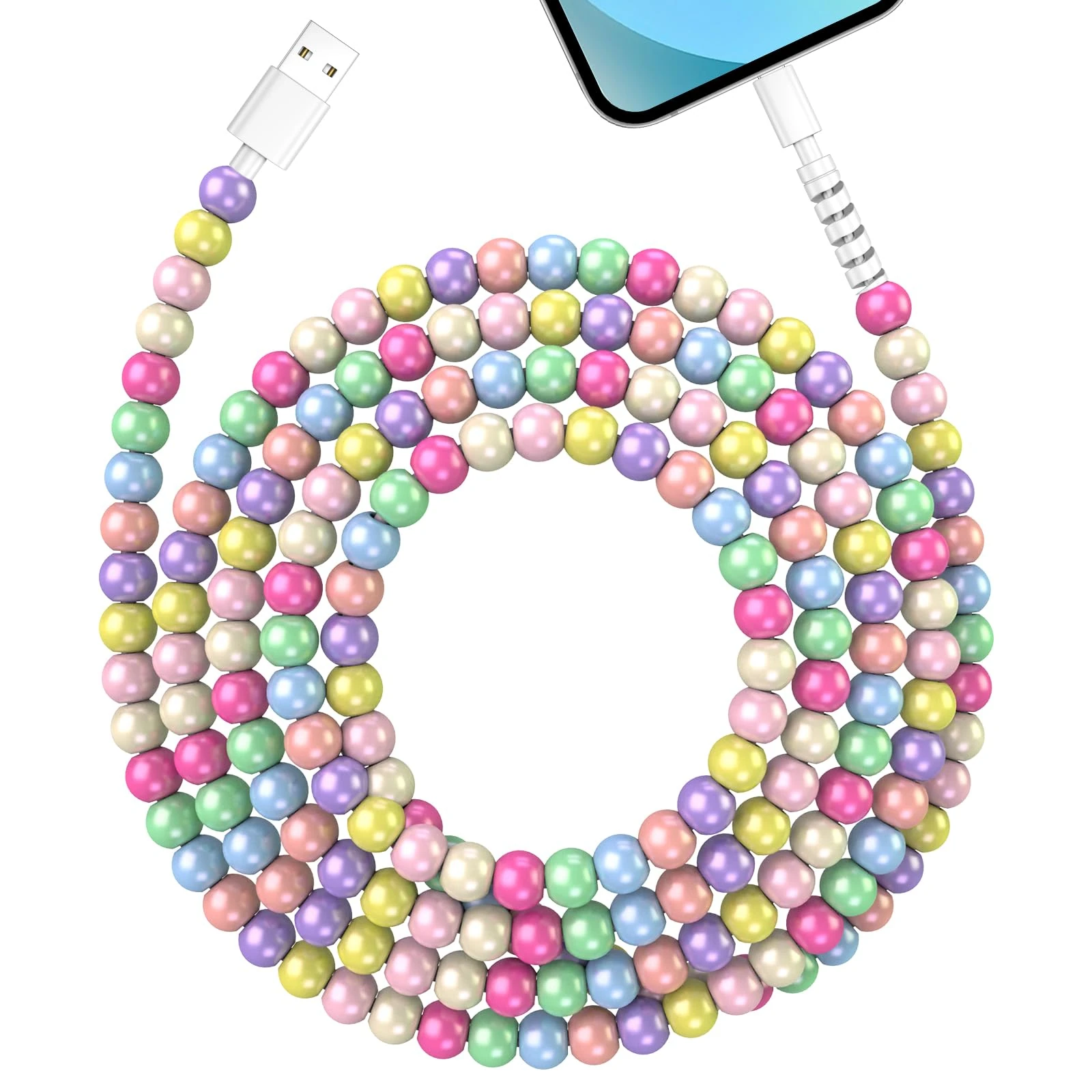 Aolcev for iPhone Charger Cable 2m 66W [MFi Certified] 3A Fast Charging Lightn-ing Cable Beaded Phone Charger Cute Pearl for iPhone 14 13 12 11 Pro Max XS XR X 8 7 6 Plus 5 SE, iPad, iPod-Colorful