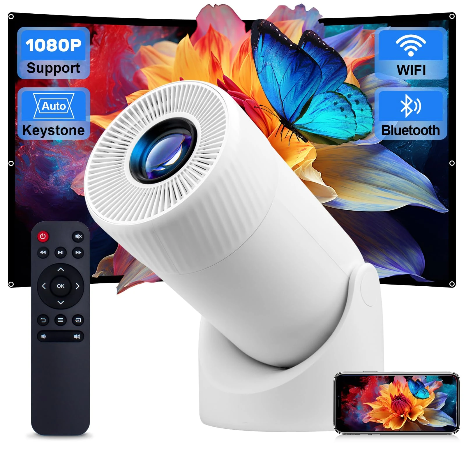 Mini Projector WiFi Bluetooth, 300 ANSI 1080P Support Portable Projector with Auto Keystone, 200'' Screen Smart Movie Projector for Bedroom, 180° Rotation Outdoor Phone Projector (Off white)