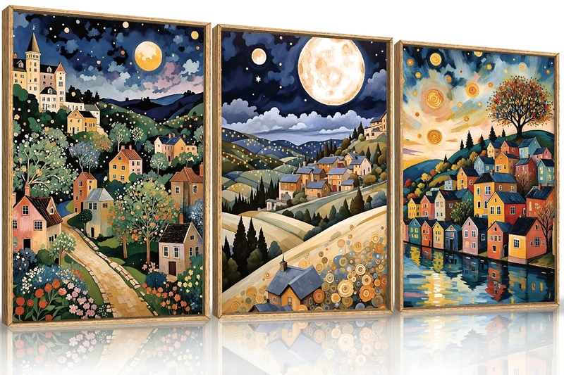LHIUEM Large Dreamy Village Night Framed Canvas Wall Art Set,Abstract Starry Moonlit Wall Decor,Natural Houses Scenery Artwork for Living Room,Bedroom,Dining Room,Office -24"x36"x3