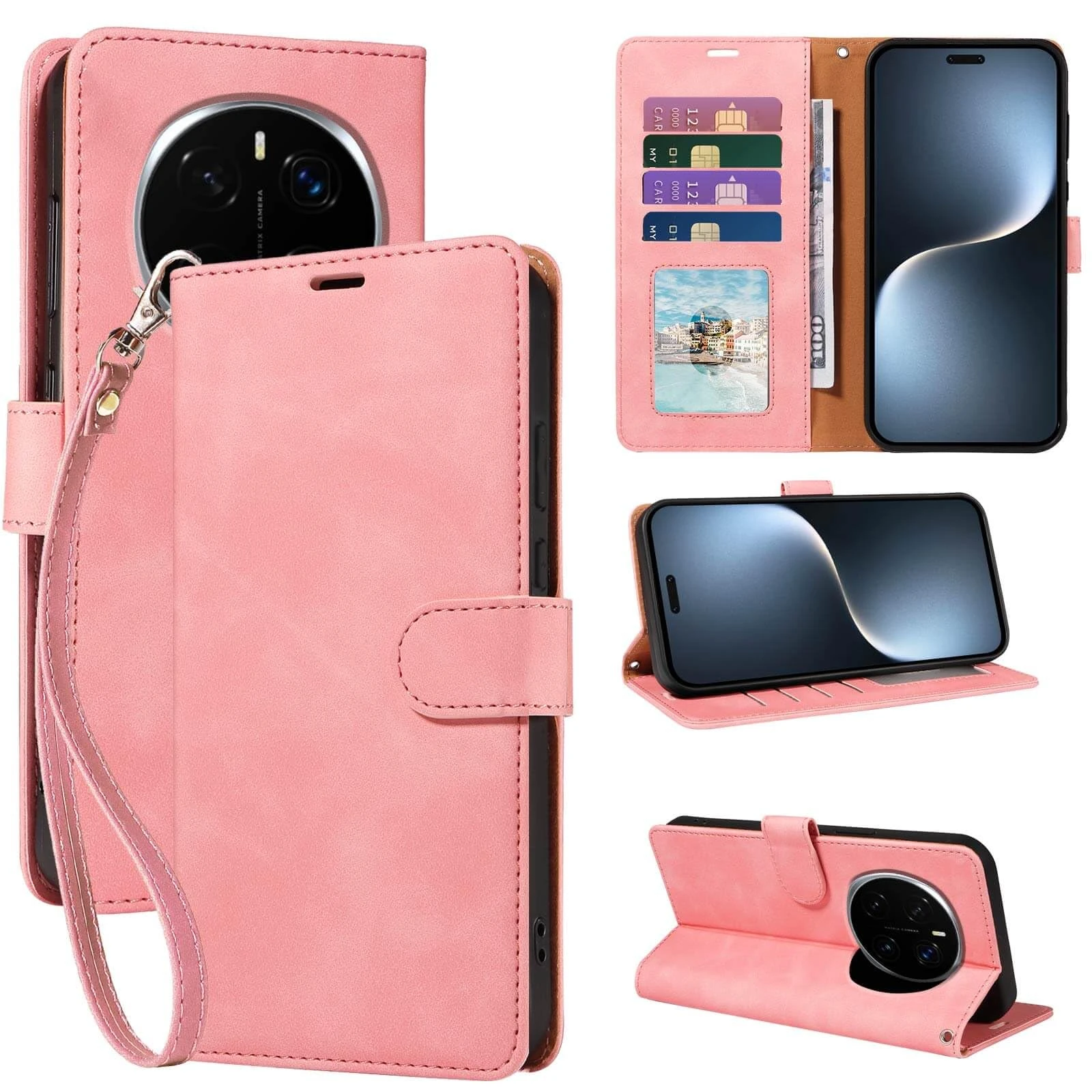 GOTOURED for Honor Magic 7 Pro Phone Case,Wallet Soft Leather,4 Card Slots Holder RFID Blocking,Shockproof Protective Kickstand Wrist Strap Flip Cases Cover for Honor Magic7 Pro (Pink)