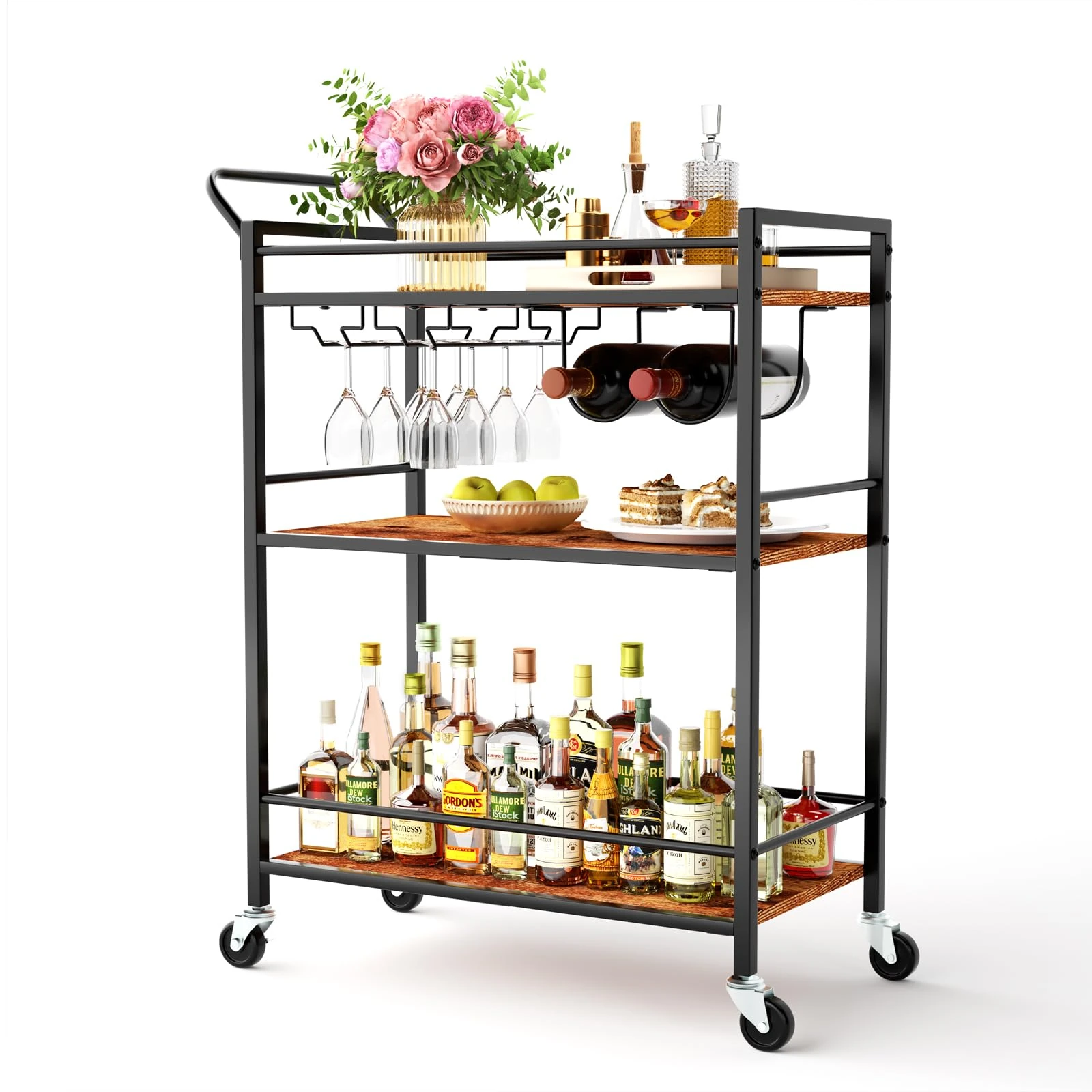 GRILL FORCE Bar Cart, Home Bar Serving Cart,Rolling Bar Carts, Bar Station, Drink Cart with Wine Rack, Glass Holder, One-Piece Wood Shelf, for Kitchen, Living Room, Rustic Brown