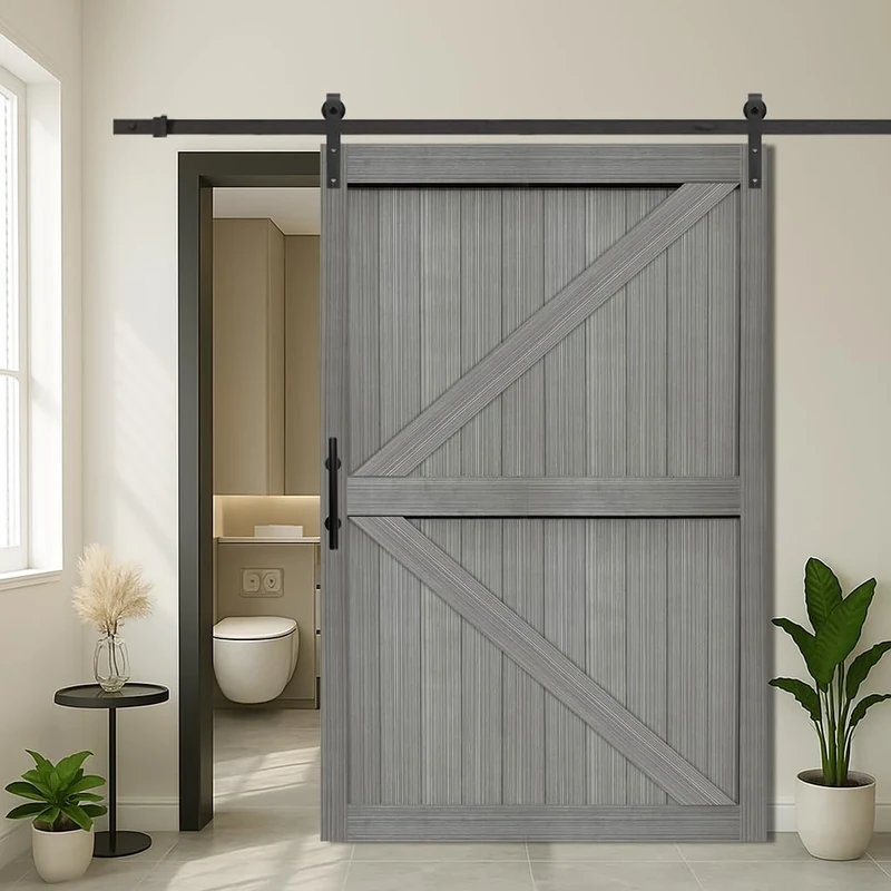 S&Z TOPHAND® 60in x 84in MDF Light Gray Barn Door with 10FT Sliding Door Hardware Kit, Solid Barn Door Slab Covered with Water-Proof PVC Surface/Double Surfaces/Simple Assembly is Required