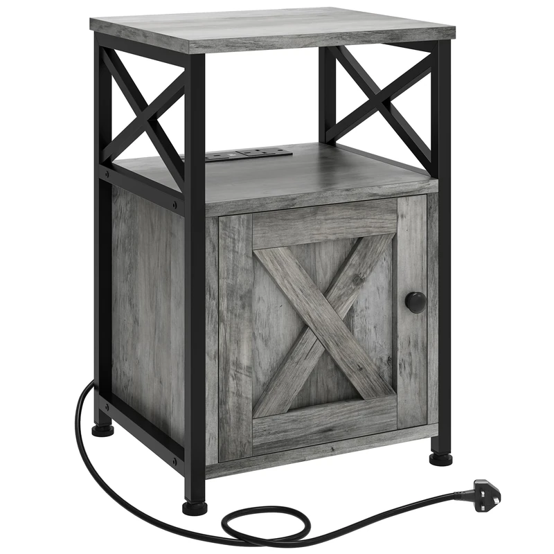 YITAHOME Multipurpose Side Table, Bedside Table with Storage Cabinet, X-Shaped Sofa End Table with Integrated Charging Station, 2 USB Ports & Power Outlets, Metal Frame, Grey, 40x35x60cm