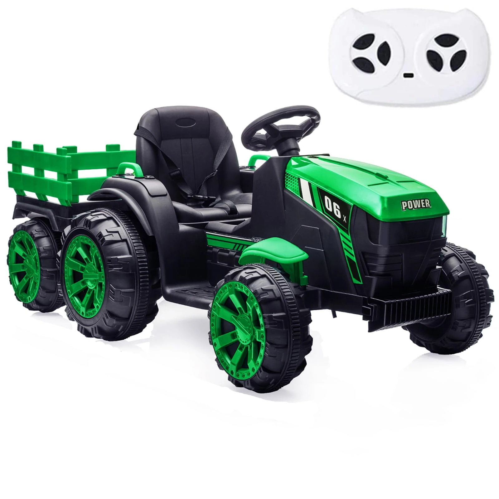 GarveeLife Kids Ride On Tractor with Remote Control, 12V 7AH Battery Powered Electric Tractor with Detachable Trailer, Dual 35W Motors/Safety Belt/LED Lights, Electric Vehicles for Boys Girls, Green