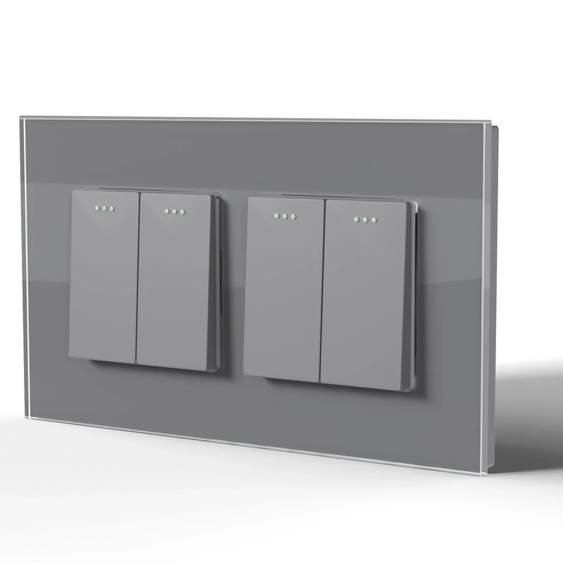 BSEED Electrical Wall Light Switch,Rocker Button wih LED Backlight,10A Toggle On/Off,Glass faceplate, Horizontal & Vertical Mounting,Double 2 Gang 1 Way,146mm Grey