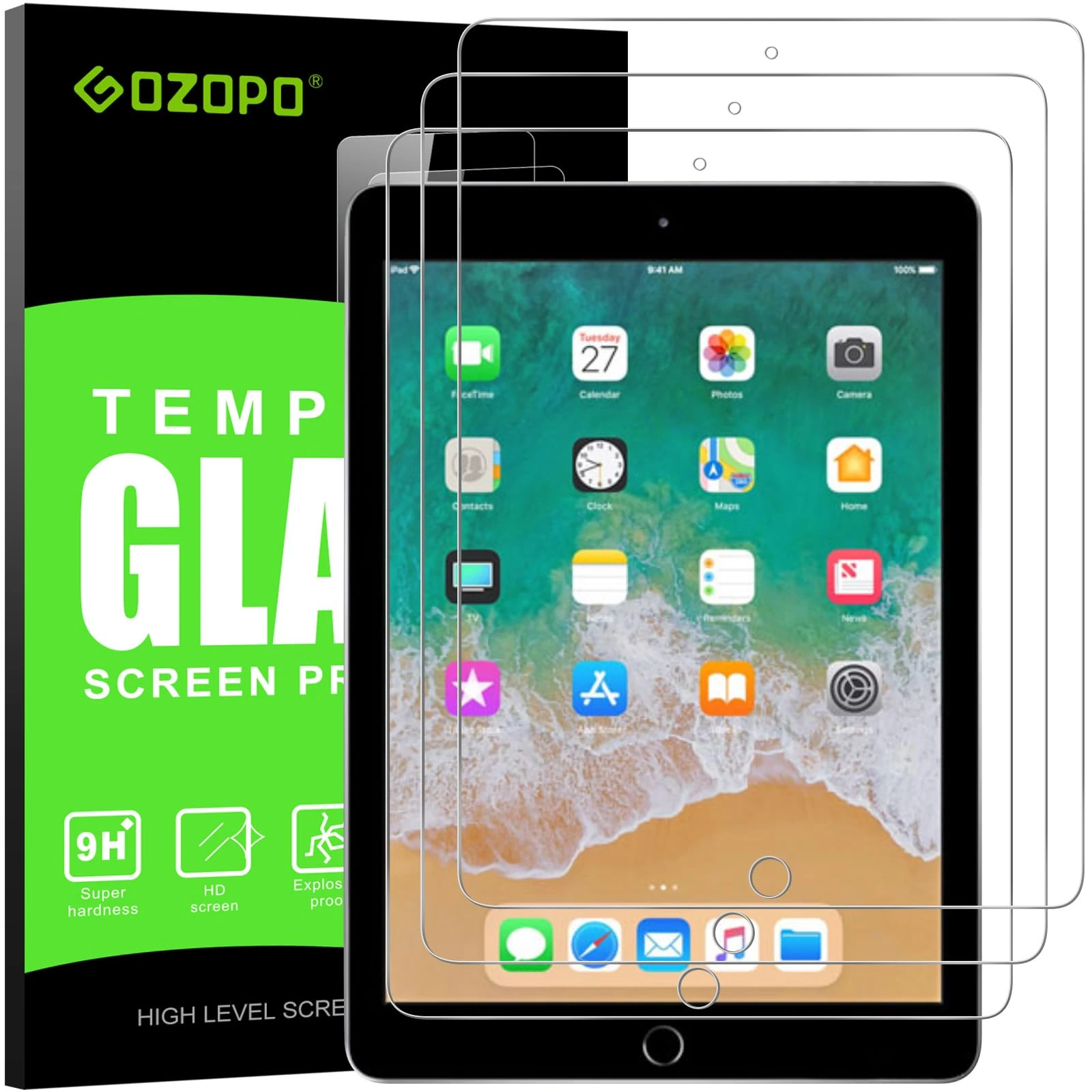 GOZOPO [3-Pack Screen Protector for iPad 9.7 (iPad 6th/5th Generation -2018/2017 Model) /iPad Air 1, iPad Air 2, iPad Pro 9.7 (2016) [Scratch Resistant] Tempered Glass Film