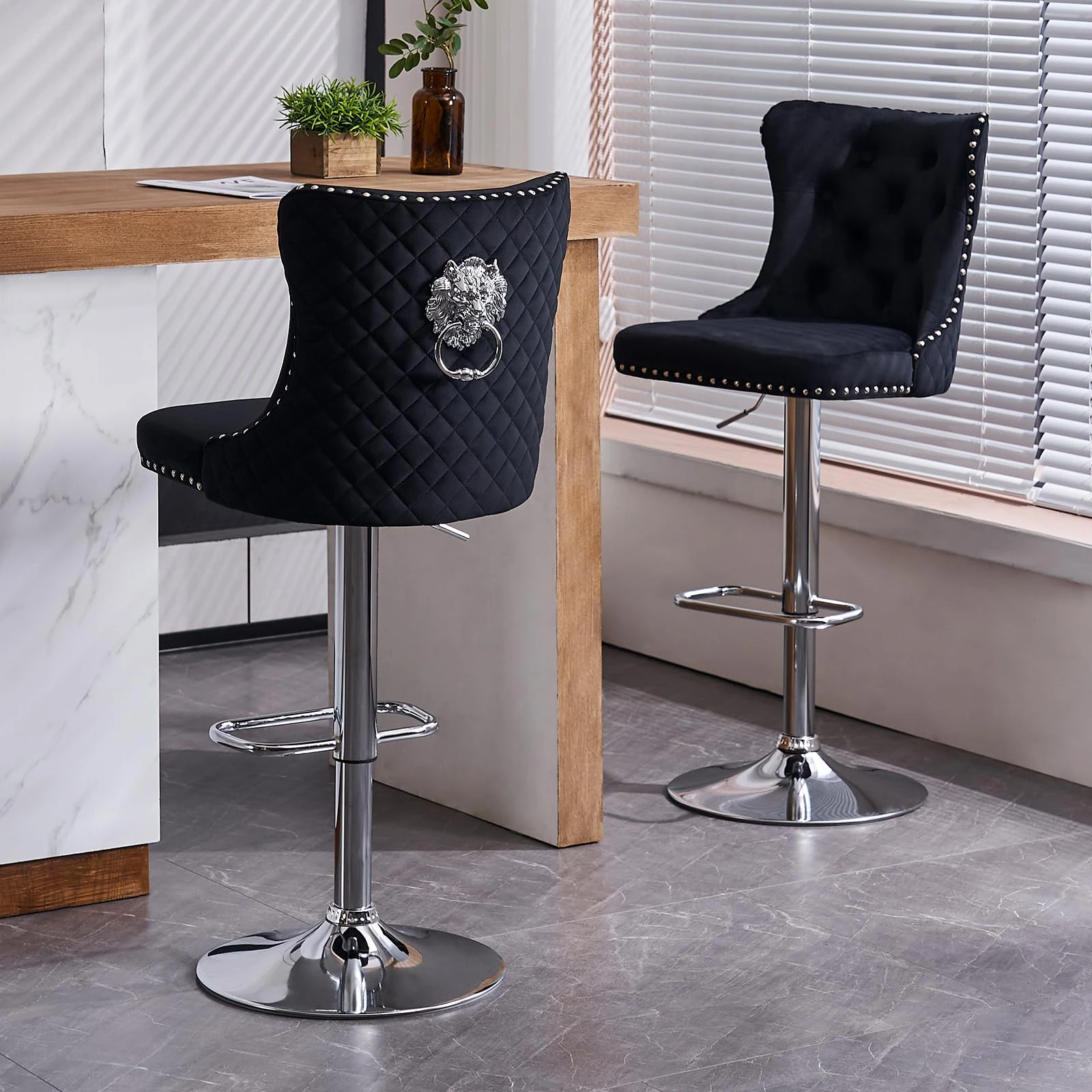 KHISCHMO Luxury Velvet Bar Stools Set of 2 with Lion Knocker Swivel Adjustable Breakfast Stools with Metal/Gold Base Counter Height Chairs for Kitchen Island, Bar,Dining Room,Black