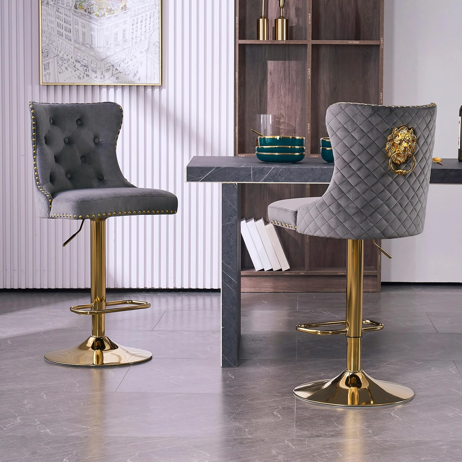 KHISCHMO Luxury Velvet Bar Stools Set of 2 with Lion Knocker Swivel Adjustable Breakfast Stools with Metal/Gold Base Counter Height Chairs for Kitchen Island, Bar,Dining Room,Golden Grey
