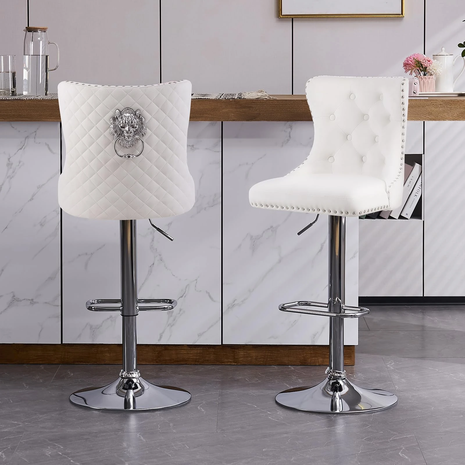 KHISCHMO Luxury Velvet Bar Stools Set of 2 with Lion Knocker Swivel Adjustable Breakfast Stools with Metal/Gold Base Counter Height Chairs for Kitchen Island, Bar,Dining Room,Cream