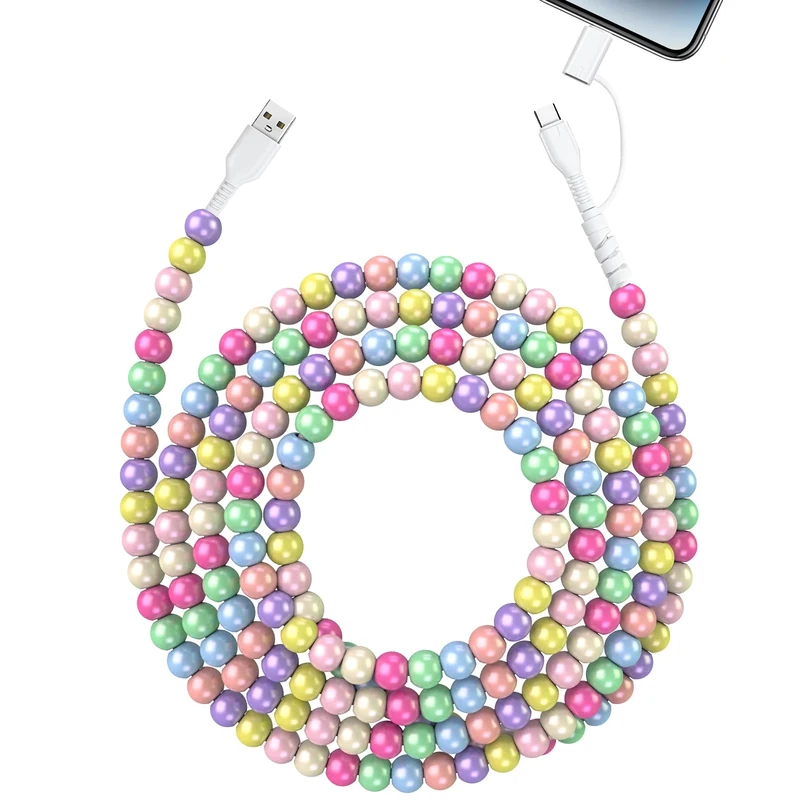 Aolcev USB C Charger Cable 2 in 1 Multi Charger Cable 2m 66W Beaded Phone Chargers Pearl USB-A to USB-C to Phone Fast Charging for iPhone 17/16 Pro Max, Samsung Galaxy S25/S24, iPad A16 11th-Colorful