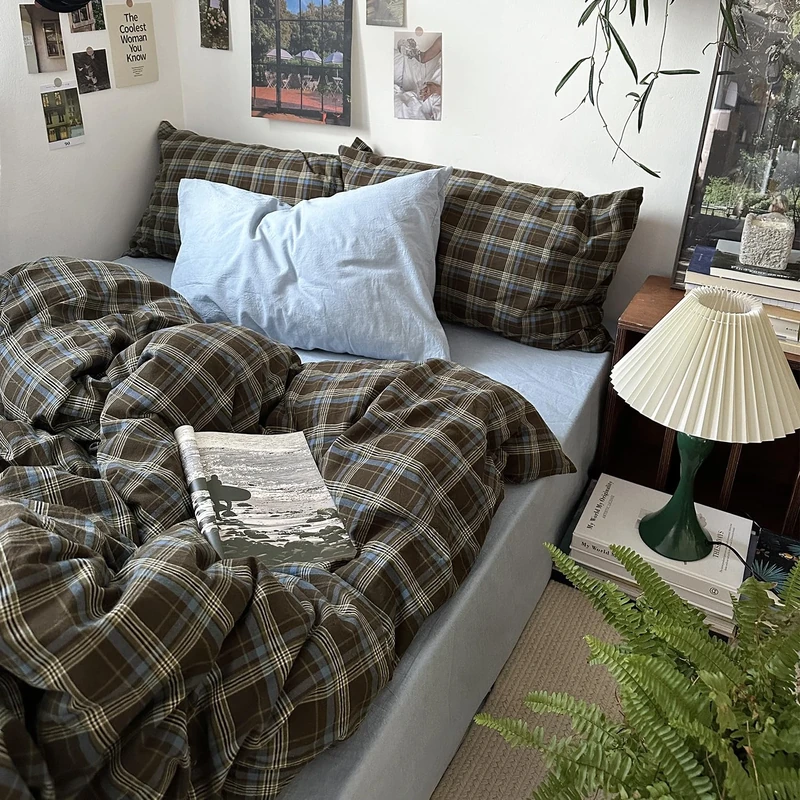 MKXI Full Size Blue, Brown & Green Buffalo Plaid Duvet Cover Set - 3 Piece Vintage Aesthetic Bedding Set, 100% Washed Cotton, Minimalist Design, Soft & Breathable Duvet Cover with Zipper Closure