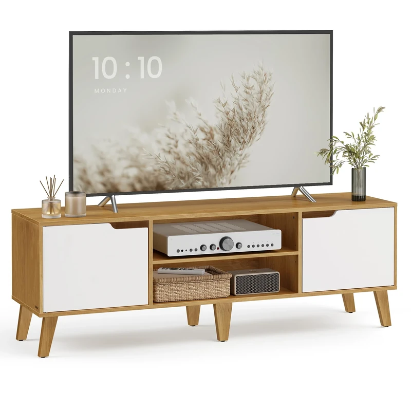 VASAGLE TV Stand Unit, Entertainment Center with Adjustable Shelf, for 65 Inch TVs, 147 cm Long Media Console Table, Transitional Style, for Living Room, Bedroom, Natural Oak and Cream White LTV556Y01