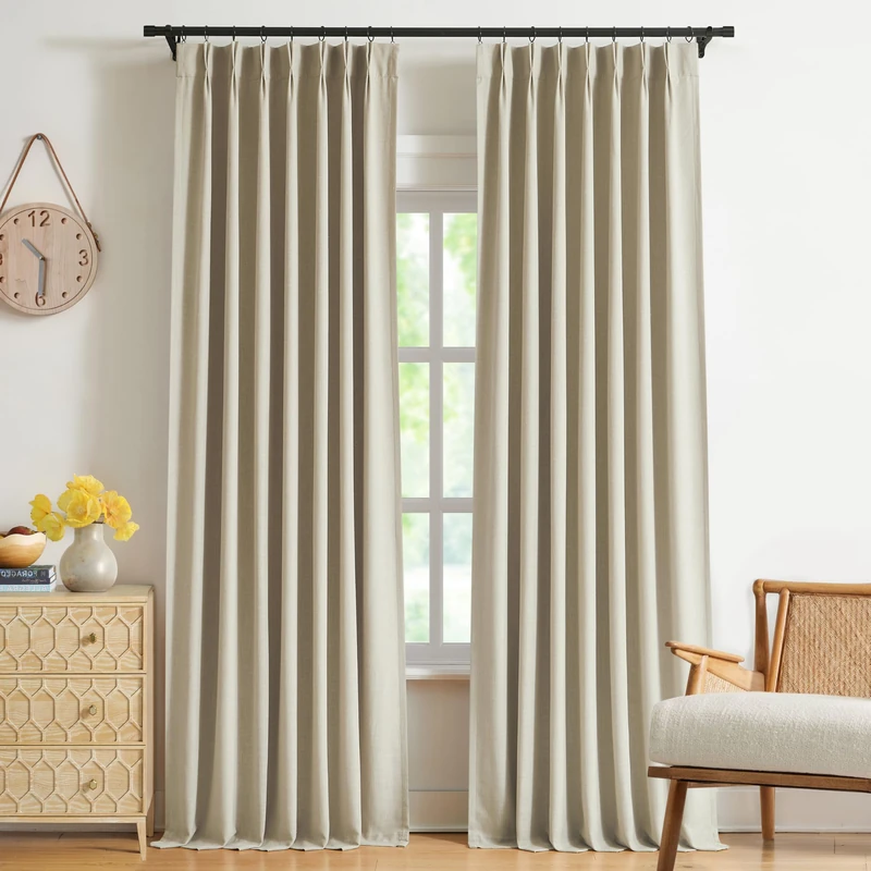 WEST LAKE 90 Inch Sand Pinch Pleated Full Blackout Curtain Panels for Bedroom Living Room,French Pleat Linen Blended Room Darkening Drapes,Modern Window Treatment,Back Tab,40" Wx90 L(Pack of 2)