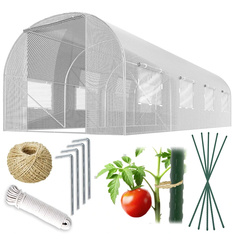 Plonos Polytunnel Greenhouse with Frame Steel Set with Plant Supports Accessories 3 x 4.5 x 2 m 13.5 m2 White