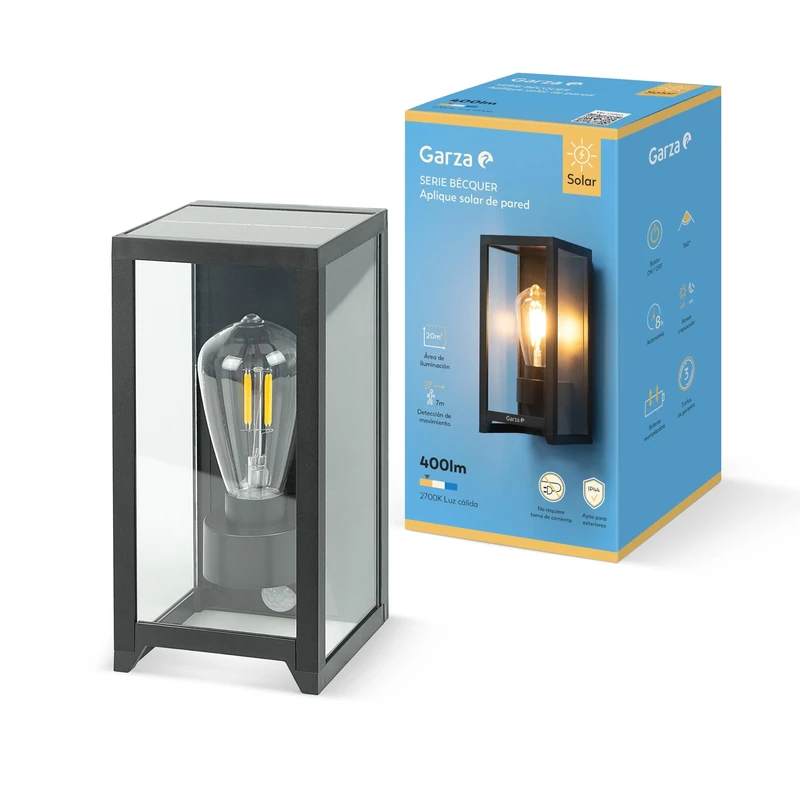 Garza - Vintage Solar LED Outdoor Wall Light 400lm, 2700K. 360º Lighting, Motion Sensor, IP44, 8h Autonomy, Wall Installation.