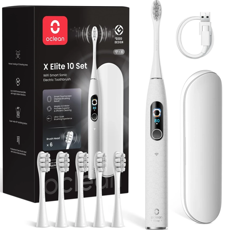 Oclean X Elite 10 Electric Toothbrush, Touchscreen, 12 Tracking Zones, 5 Brushing Modes with Gum Care, Sonic Toothbrush, 40 Days of Battery Life, Quiet 45 dB, Timer, Gray Set