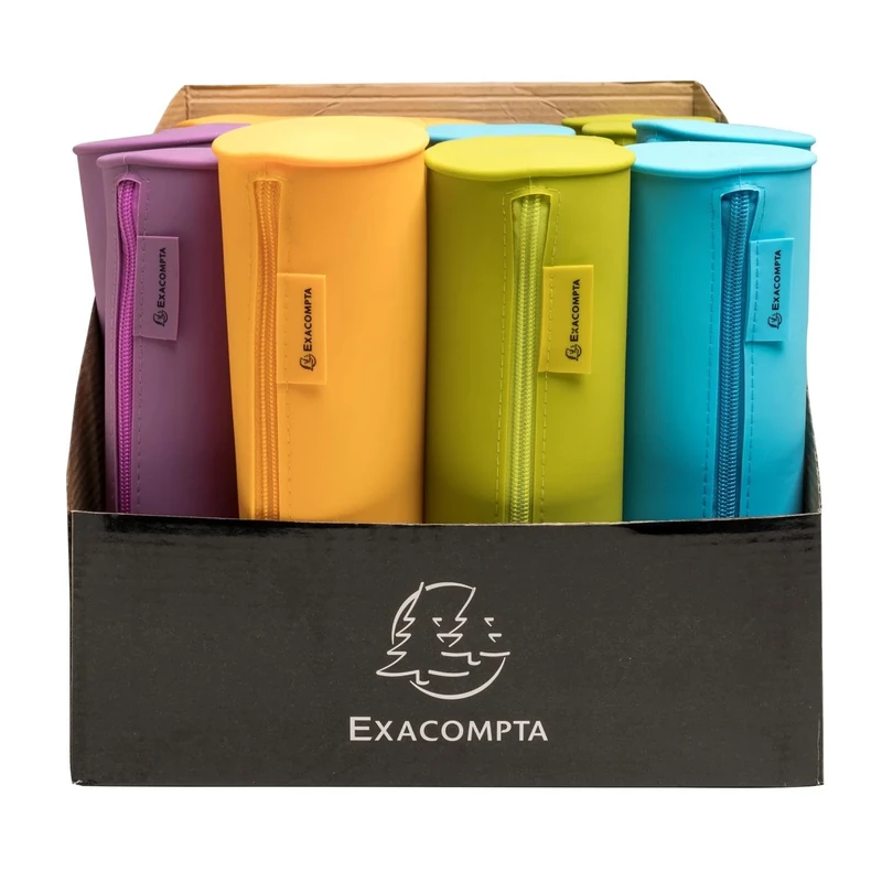EXACOMPTA - Ref 52390E - Box of 14 Pop'NCo Round Silicone Pencil Cases - Resisatnt and Washable - Skin-Friendly Material - Dimensions: 23 x 8 cm - 4 Colours: Cyan, Lilac, Lime Mango