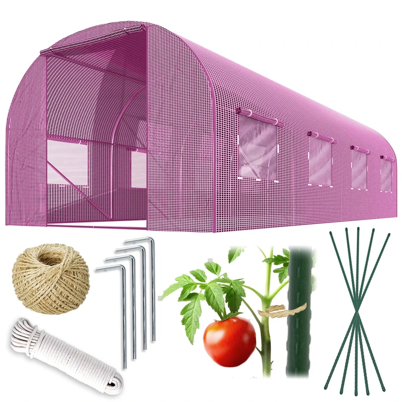 Plonos Polytunnel Greenhouse with Frame Steel Set with Plant Supports Accessories 2.5 x 4 x 2 m 10 m2 Pink