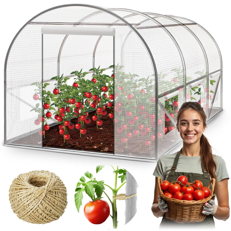 Plonos Polytunnel Greenhouse with Frame Steel Set with Plant Supports Accessories 2 x 3 x 2 m 6 m2 White