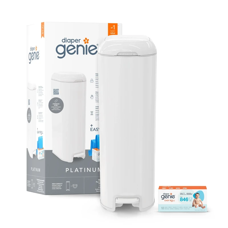 Diaper Genie Platinum – Stainless Steel Diaper Pail | Large Capacity 47 Diapers | Odor Control | Hands-Free Pedal | White