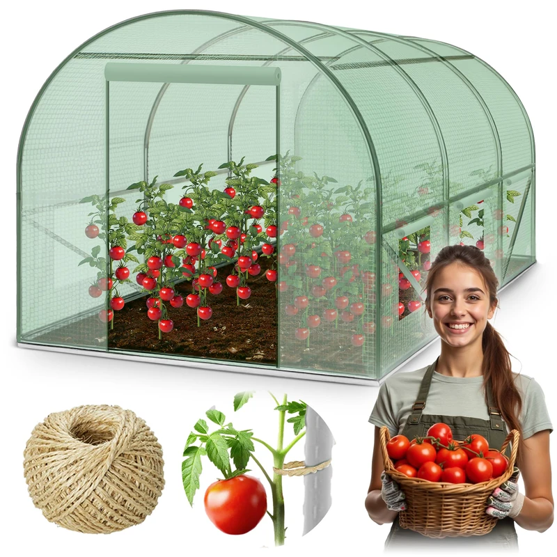 Plonos Polytunnel Greenhouse with Frame Steel Set with Plant Supports Accessories 2 x 3 x 2 m 6 m2 Green