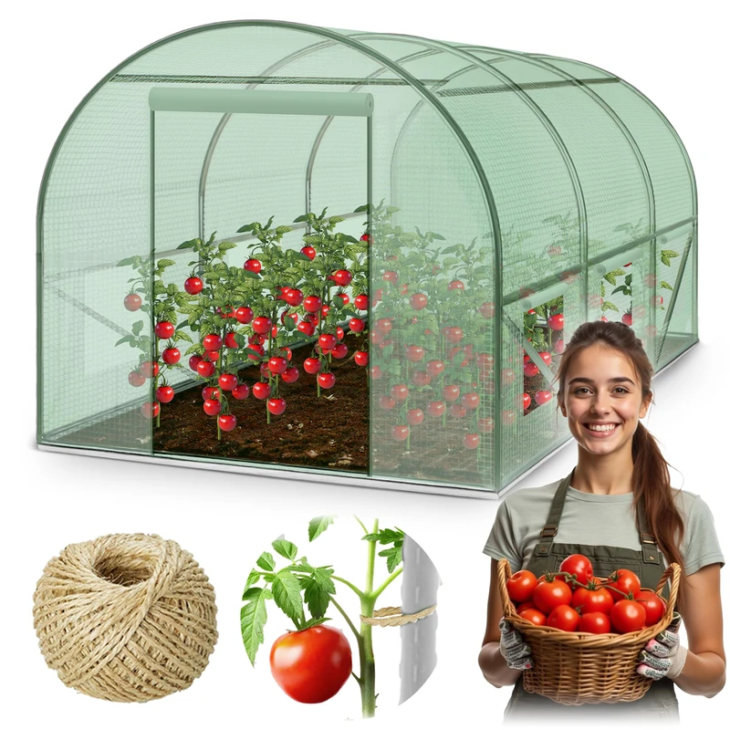 Plonos Polytunnel Greenhouse with Frame Steel Set with Plant Supports Accessories 2 x 3.5 x 2 m 7 m2 Green