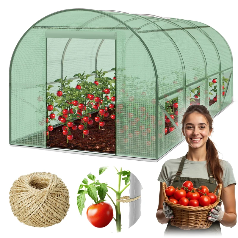 Plonos Polytunnel Greenhouse with Frame Steel Set with Plant Supports Accessories 2 x 4.5 x 2 m 9 m2 Green