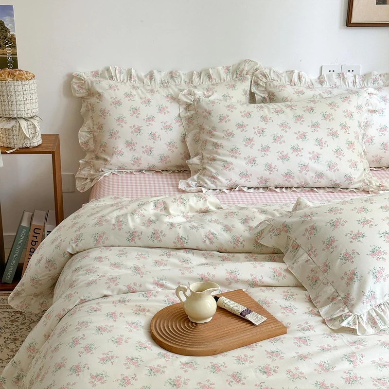 MKXI Twin XL Size Pink Floral Comforter Set - 3 Piece Ruffled Lace Bedding Set 1 Twin XL Comforter with 2 Pillowcases All Seasons, Soft Aesthetic Princess Style Floral Comforter for Girls, Women
