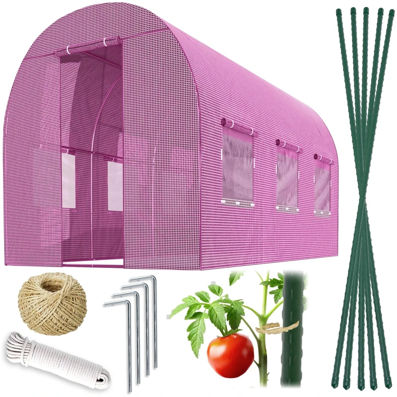 Plonos Polytunnel Greenhouse with Frame Steel Set with Plant Supports Accessories 2 x 3 x 2 m 6 m2 Pink