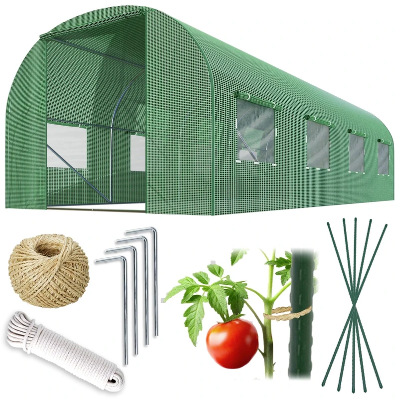 Plonos Polytunnel Greenhouse with Frame Steel Set with Plant Supports Accessories 3 x 4.5 x 2 m 13.5 m2 Green