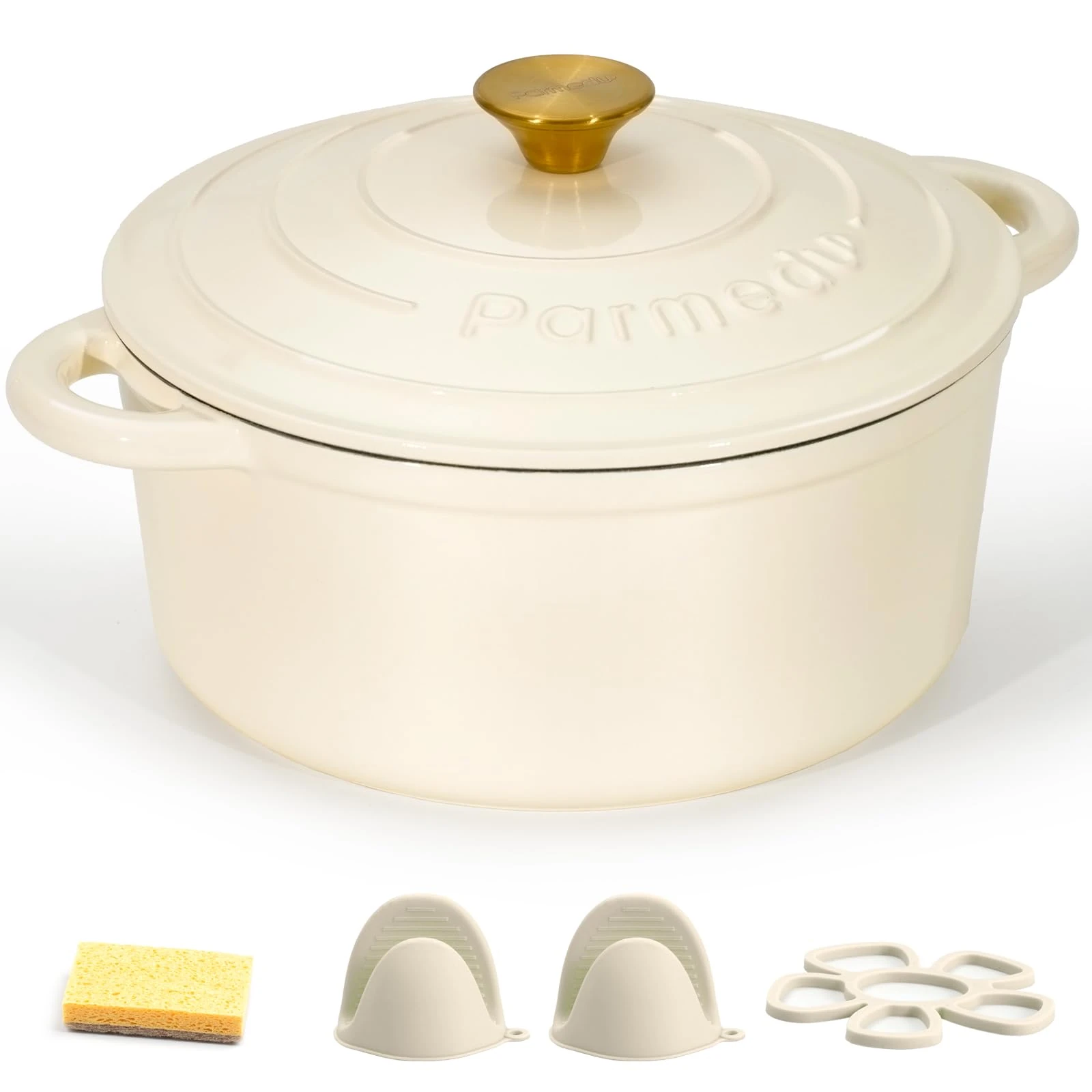 Parmedu Enameled Cast Iron Pot: 5.2 L Heavy Duty Dutch Oven with Lid and Dual Handles in Blue - Silicone Accessories and Sponge Included, Ideal for Braising, Stewing, Roasting and Baking, Cream white