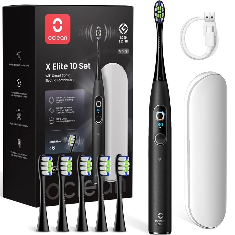 Oclean X Elite 10 Electric Toothbrush, Touchscreen, 12 Tracking Zones, 5 Brushing Modes with Gum Care, Sonic Toothbrush, 40 Days of Battery Life, Quiet 45 dB, Timer, Black Set