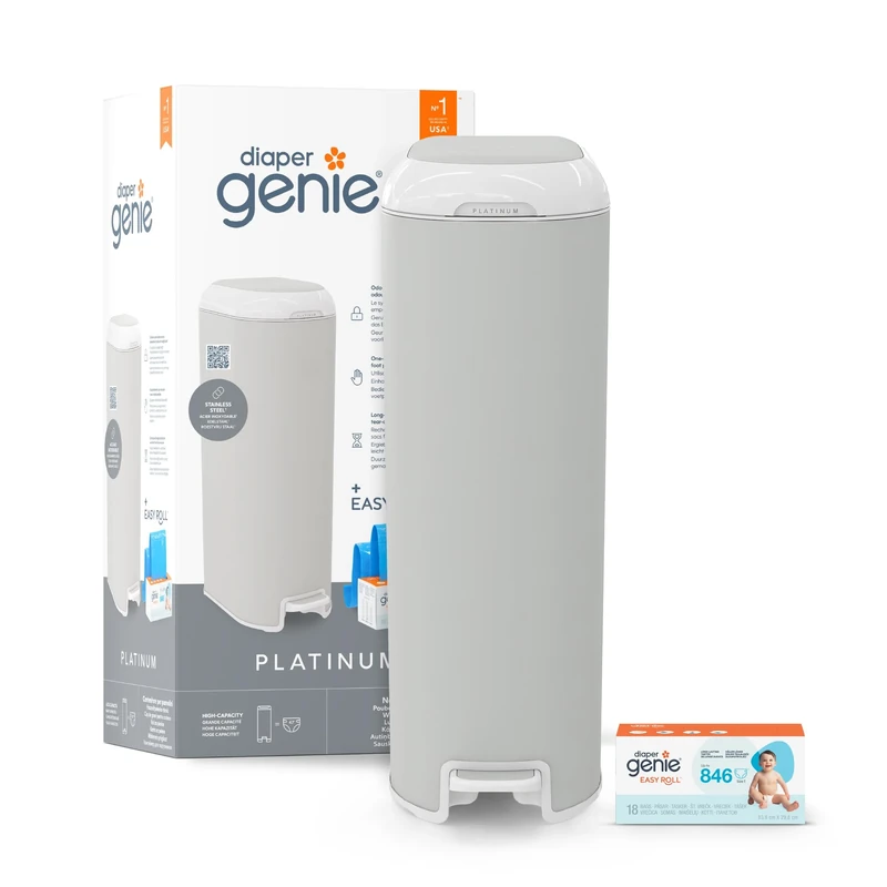 Diaper Genie Platinum – Stainless Steel Diaper Pail | Large Capacity 47 Diapers | Odor Control | Hands-Free Pedal | Grey