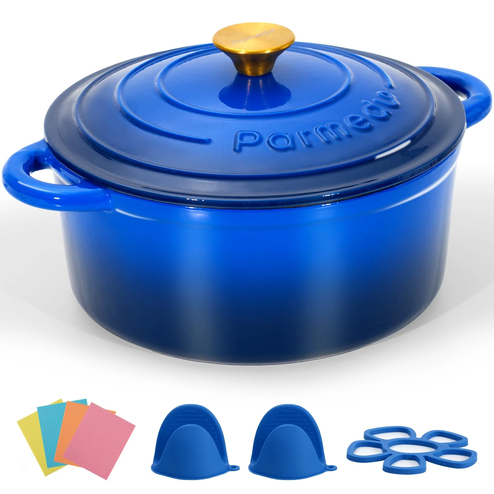 Parmedu Enameled Cast Iron Pot: 5.2L Heavy Duty Dutch Oven with Lid and Dual Handles in Blue - Silicone Accessories and Sponge Included, Ideal for Braising, Stewing, Roasting and Baking, Sapphire Blue