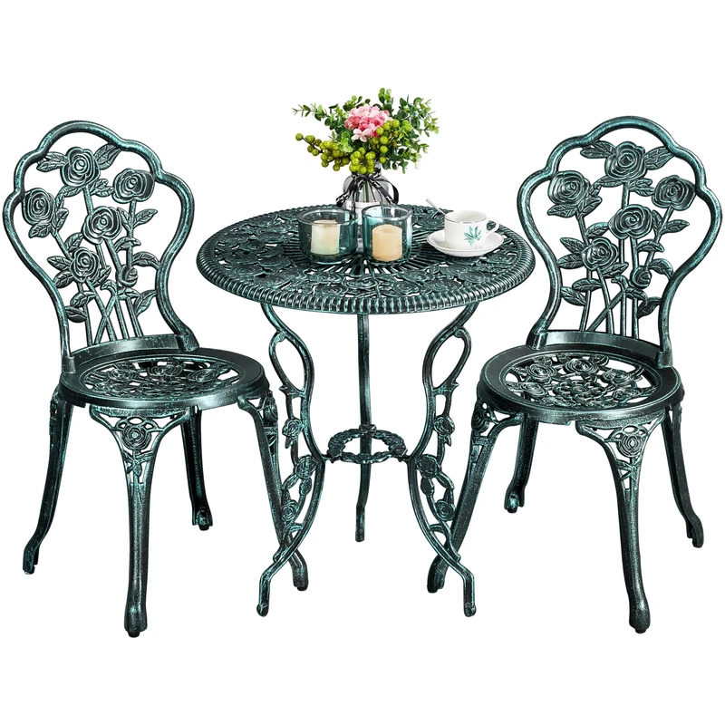 Yaheetech 3-Piece Patio Bistro Set, Outdoor AluminumTable and Chairs, Garden Dinging Furniture, Rose Design for Balcony, Porch, Lawn, Pool, Green